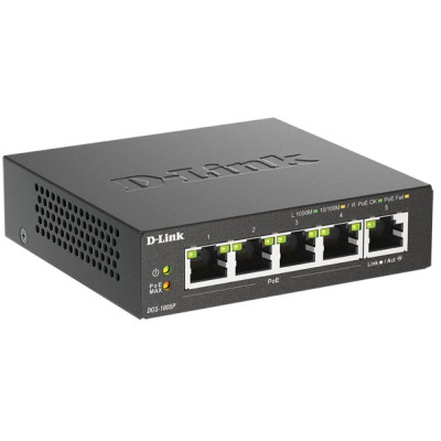D-Link DGS-1005P 5-Port Gigabit Ethernet Switch (4 PoE+ ports), fanless, 10 Gbps switching capacity